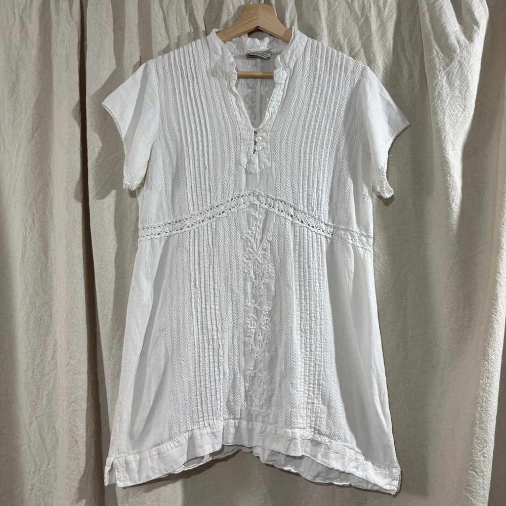 Caamaño White Cotton Embroidered Tunic Top Crochet Lace Boho Short Sleeve